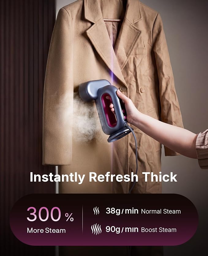 Jack & Rose Steamer for Clothes, 90g/min Boost and 38g/min Continious Steam, 29 Large Holes Powerful Steamer, 220ml Garments Capacity 2-in-1 Handheld Steaming & lroning, Cleaning Brush