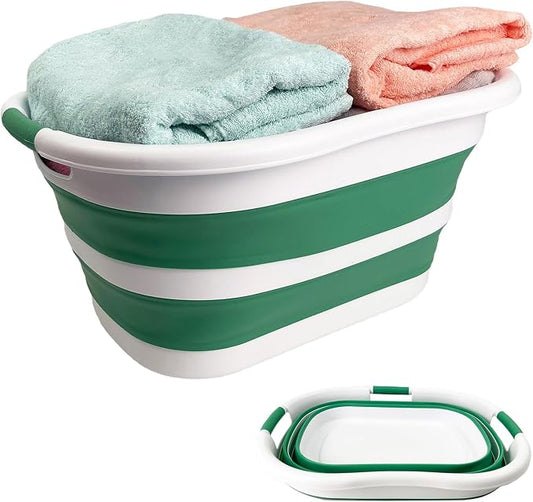 SAMMART 40L (10.5 gallon) Collapsible Plastic Laundry Hamper - Foldable Pop Up Storage Container/Organizer - Portable Washing Tub - Space Saving Basket (1, White/Winter Green)