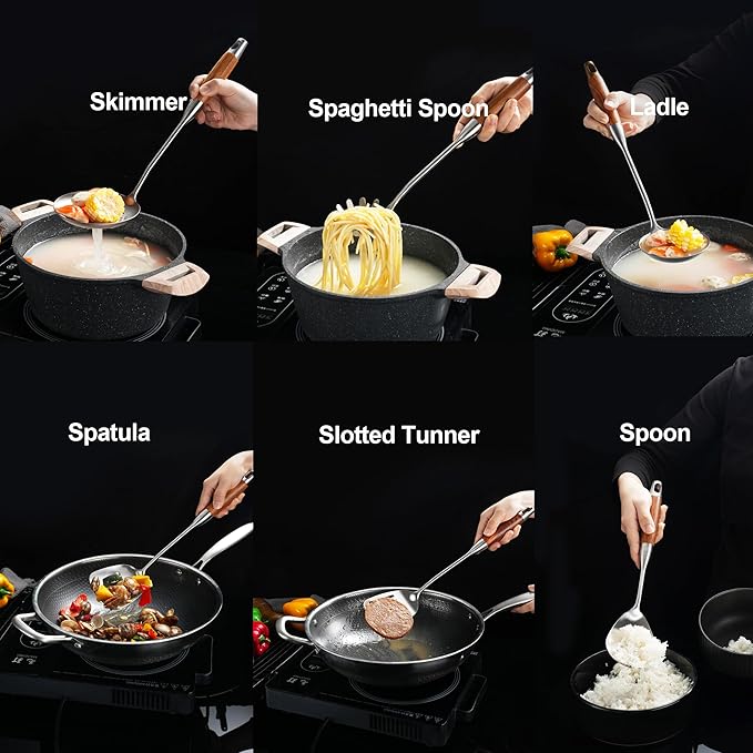 Stainless Steel Kitchen Utensils Set with Wooden Handle, 6 PCS Professional Cooking Utensils Set 15", Wok Spatula, Ladle, Skimmer, Slotted Spatula Turner, Spaghetti Spoon, Large Spoon