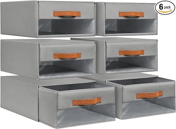 DIMJ Closet Organizers and Storage - Foldable Storage Bins with Drawers Pull-Out Stackable Storage Drawers with Clear Window,Fabric Clothes Organizers and Storage Drawers for Closet, 6-Pack, Grey