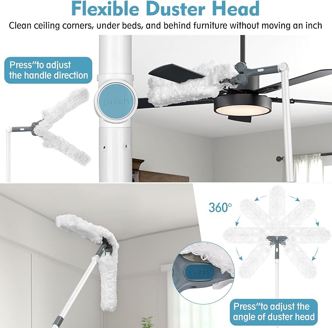 Microfiber Ceiling Fan Cleaner Duster with Extension Pole 59" | 360° Adjustable Head/ Washable/27.5 inch Wide Long Duster for Cleaning Ceiling Fan/High Ceiling/Wall/Blinds/Furniture/White