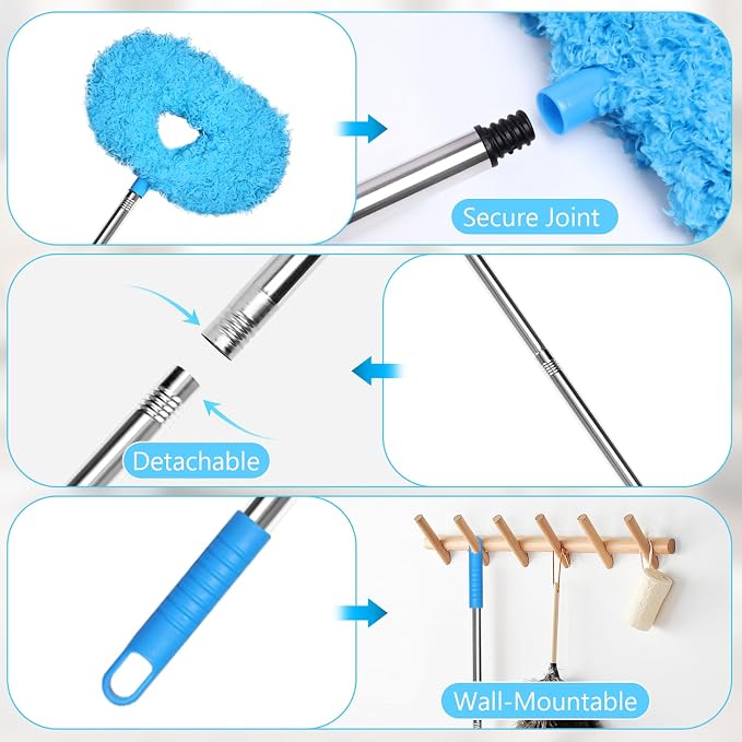 Eunice 13-50 Inches Ceiling Fan Duster with Extension Pole | Extendable Microfiber Cleaning Brush for High Ceiling, Blades, Cobwebs, Adjustable Dusting Tool for Home,Window,Door(Blue)