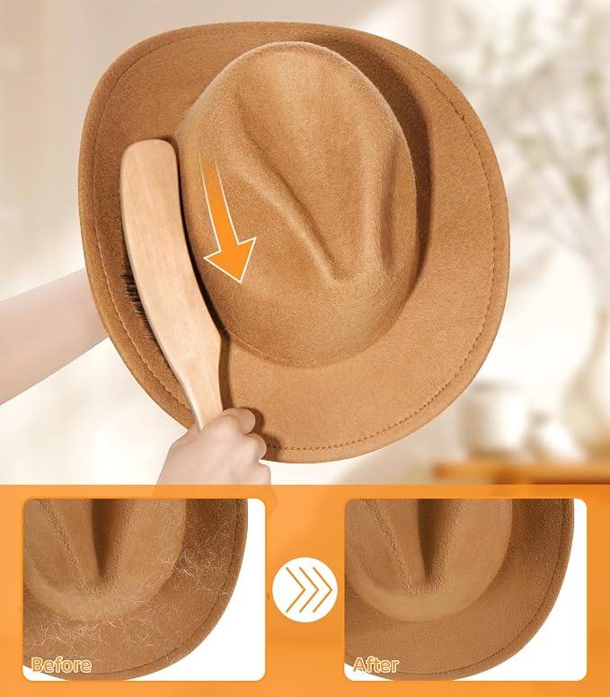 Cowboy Hat Brush Horsehair Cleaning Brush for Felt Hats Wool Suede Clothes | 100% Horsehair, Removes Dust, Lint, Pet Hair for Coats Suits Shoes Furniture Brim Edges Seams, with Wood Handle, Storage Bag