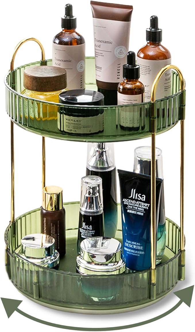Asayuee 360 Rotating Makeup Organizer for Vanity,2 Tier Large Capacity Skincare Organizers,Bathroom Counter Organizer, Spinning Perfume Organizer & Vanity Organizer (Green-2 Tier)