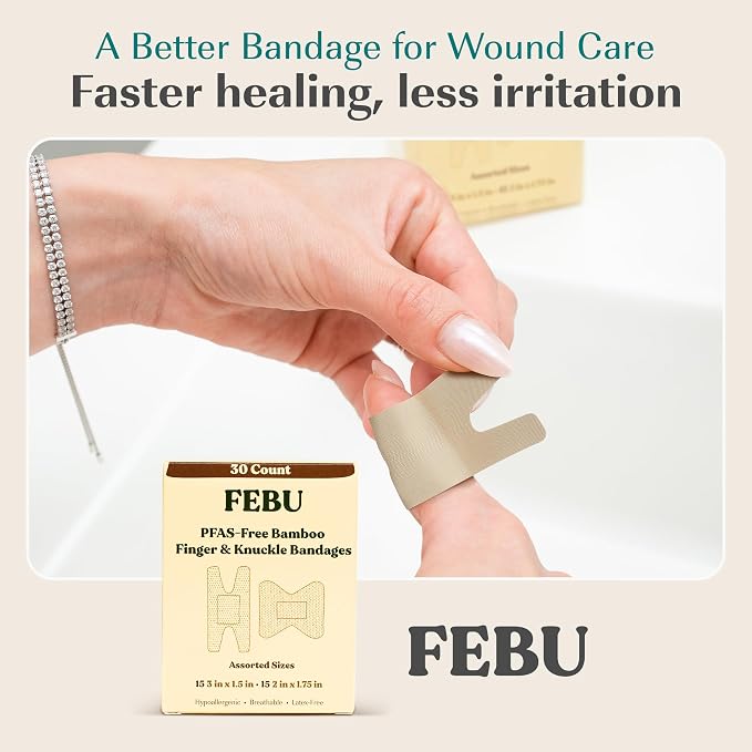 FEBU PFAS Free Bamboo Fingertip Bandages, 30 Count Knuckle & Finger | Eco-Friendly, Flexible Fabric Wound Dressing, Fully Compostable, Latex Free