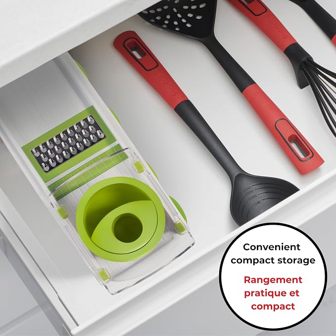 Starfrit Easy Mandoline Slicer, Dicer - 5-Blades - Straight & Crinkle Blades, Julienne, Grater & Shredder - Self-Feeding Pusher - Catch Base for Storage and Food Container