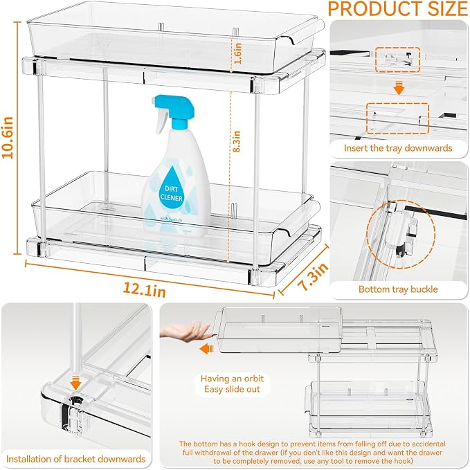 Yieach 2 Pack 10.6″ High Pull Out Medicine Cabinet Organizer for Vitamin,Pill Bottle and Supplement,2 Tier Slide out Under the Sink Organizer,Bathroom Vanity Storage and Cupboard Undersink Organizers