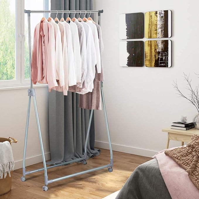 Moccha Extendable Garment Rack Clothes Rail, Heavy Duty Foldable Clothes Laundry Drying Rack with Adjustable Hanging Rod Rolling Casters, Movable Clothes Hanger for Home Office Store Market