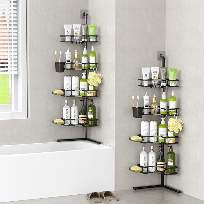 Corner Shower Caddy Standing: 4-Tier Rustproof Shower Shelves Corner - No Drilling Floor Shower Organizer Rack for Bathroom, Renters, Apartment