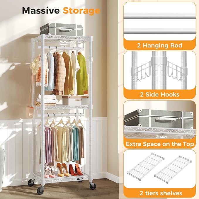 NEWBULIG Heavy Duty Clothing Rack with Wheels, 3-Tier Adjustable Wire Garment Rack, Metal Freestanding Closet Organizer System with Double Hanging Rods & 8 Side Hooks, 23" x 15" x 75", White