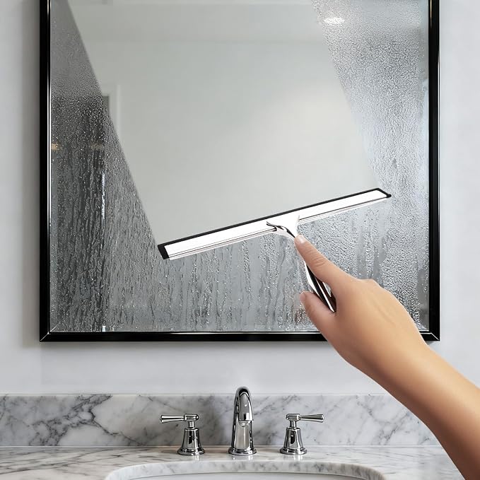 Squeegee for Shower Glass, 10-Inch Shower Squeegee for Glass Doors, All-Purpose Stainless Steel and TPR Rubber for Streak-Free Cleaning on Glass Shower Doors, Mirrors, Windows, Tile and Car Glass