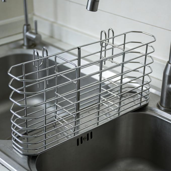 3-Compartment Utensil Holder, Drainage Basket for Kitchen | 304 Stainless Steel Hook Design Silverware Drying Rack with Three Dishwashing Sponges and a Dishcloth