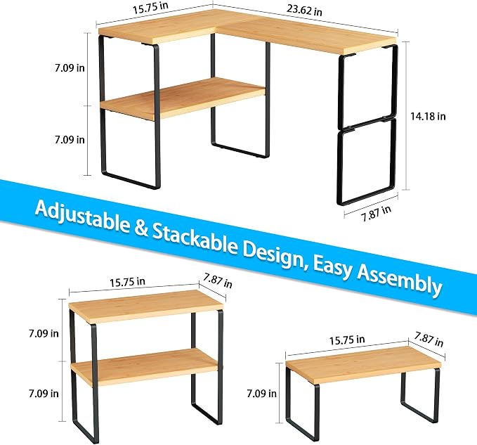 Golener Kitchen Counter Organizer, Countertop Shelf, Adjustable, Stackable | Kitchen Countertop Organizer, Spice Rack, 2-Tier Countertop Shelves, Corner Desk Shelf, Corner Counter Shelf, Bamboo