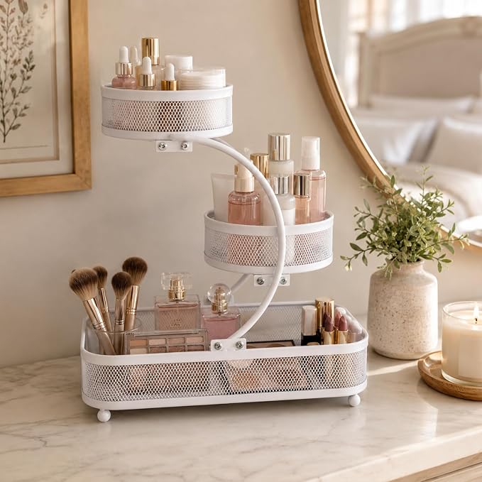 3 Tier Bathroom Counter Organizer-Perfume Organizer | Make Up Organizers for Vanity, Metal Shelf Organizer With Water-Resistant Open Design And Strong Load Capacity, White