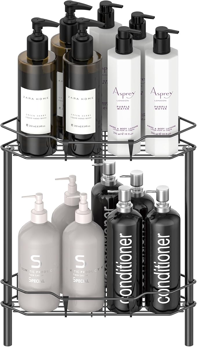 HuggieGems 2 Tier Floor Standing Corner Shower Caddy Organizer Shelf with Hooks, Bathroom Shelves Stand Rack, Matt Black