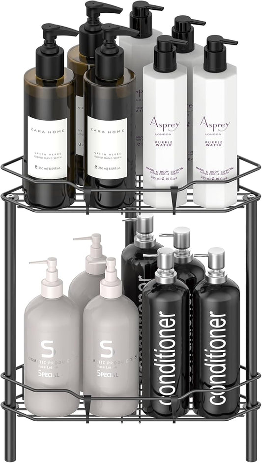 HuggieGems 2 Tier Floor Standing Corner Shower Caddy Organizer Shelf with Hooks, Bathroom Shelves Stand Rack, Matt Black