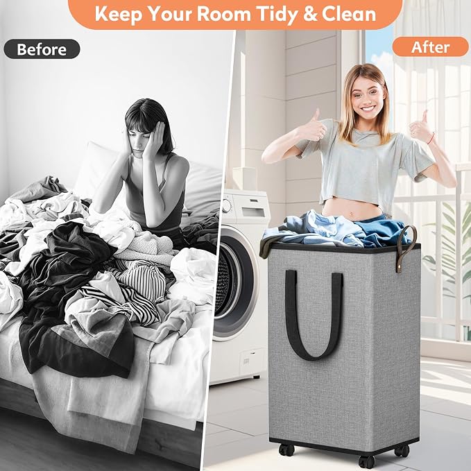 SpaceTrove Rolling Laundry Basket with Wheels, Laundry Hamper, 100L, Grey | Collapsible, 4 detachable wheels including 2 with brakes, sturdy handle, metal frame, for dorms, bathrooms and bedrooms
