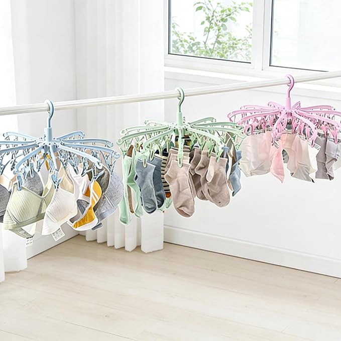 Clothes Sock Drying Hanger with 40 Clips,Foldable Hanging Rack | for Drying Socks Lingerie Baby Clothes Drying Towels Rotatable Sock Drying Rack with 40 Pegs Clips(Blue)