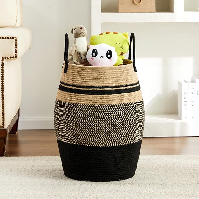 Large Laundry Hamper Basket 65L Woven Blanket Basket, Brown & Black | Tall Clothes Hamper, Rope Wicker Laundry Basket, Storage Basket for Toys, Dirty Cothes in Bedroom, Living Room Organizer