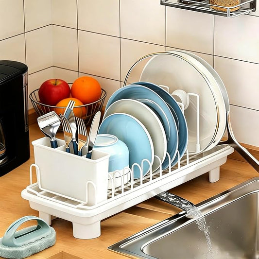 Compact Dish Drying Rack for Countertop, Small-Sized for Dorms, RVs & Tiny Kitchens, Auto-Drain, Adjustable Slots, Rust-Resistant with Utensil Caddy & Sponge Holder (White)