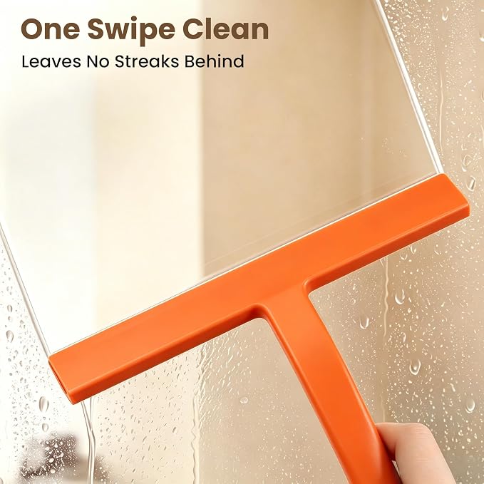 Shower Squeegee for Glass Doors - 10 Inch Bathroom Squeegee with Ergonomic Round Grip, Built-in Hook, Streak-Free No-Squeak Silicone Blade for Shower Glass, Tile Walls, Mirrors & Windows, Orange