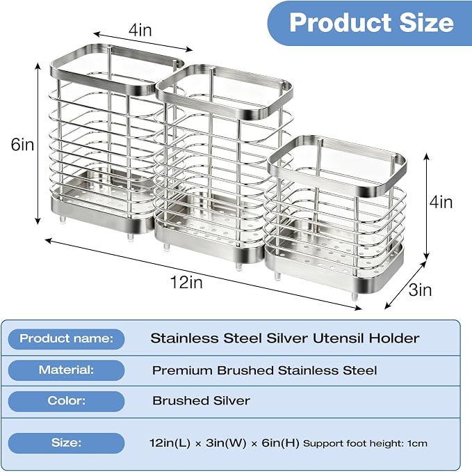 Utensil Holder, Stainless Steel Utensil Drying Rack for Kitchen Counter, Silverware Cutlery Flatware Holder Forks, Knives, Spoons, Chopsticks Organizer (2 Large and 1 Small)