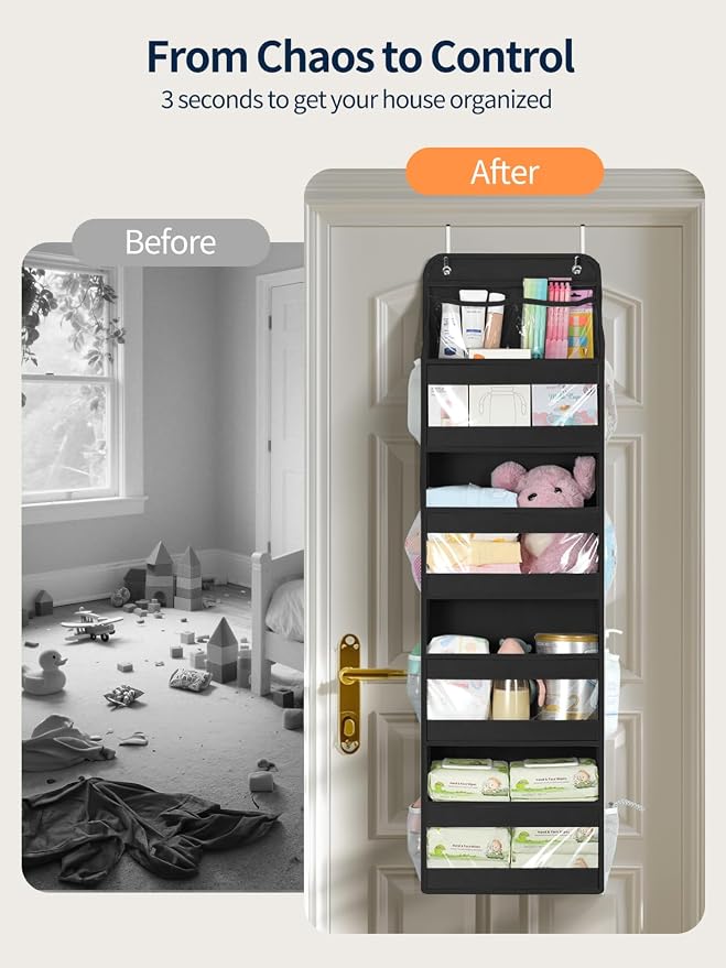 Yecaye 5 Tier Over the Door Organizer, Swing-proof Door Organizer Hanging with Clear PVC Windows, Behind the Door Storage for Bedroom Nursery Closet Laundry Pantry Bathroom, Black