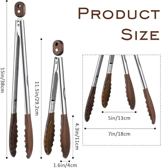 12 & 15 Inch Wooden Tongs for Cooking, Long Stainless Steel Salad Tongs with Walnut Wood Tip, Locking Heat Resistant Kitchen Utensils for Serving, Grilling, Frying, and Toaster Use