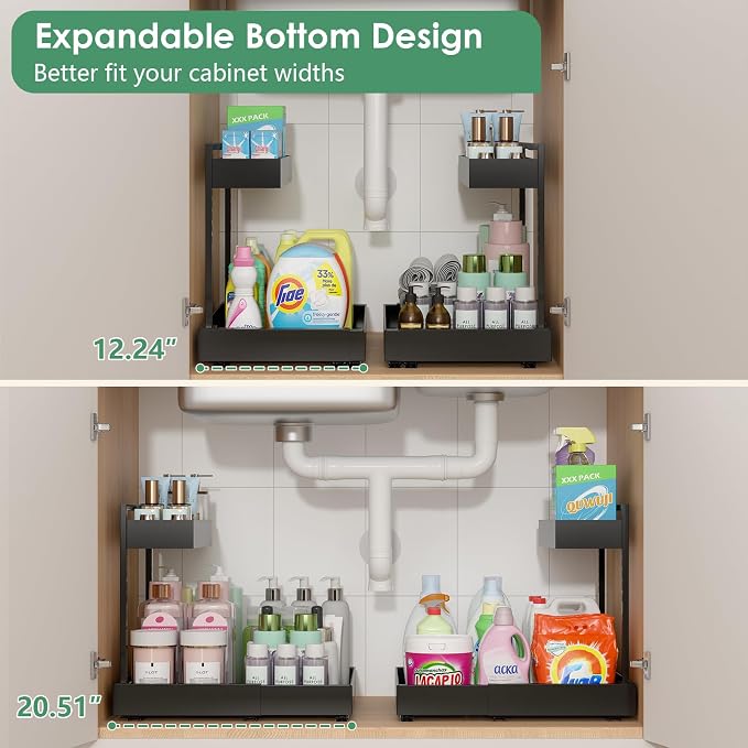 REALINN Under Sink Organizer, L-Shaped Pull Out Cabinet Rack for Kitchen | Expandable Width, 6-Level Height, Quiet Sliding Rails, Heavy-Duty Alloy Steel Frame, Pipe Clearance Design for Tight Cabinets