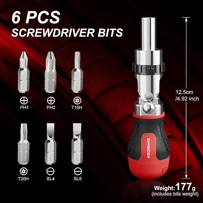 8 in 1 Stubby Ratcheting Screwdriver, Multi Bit Screwdriver Tool | All in One with 6 CRV Bits Phillips, Slotted, Torx,180 Degree Pivoting Adjustable Angle Screw Driver Set for Tight Spaces