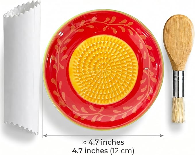 Handcrafted Ceramic Garlic Grater Plate 4-Pc Set, 4.72" Handmade Porcelain Grinding Dish with Wooden Boar Bristle Brush & Textured Silicone Peeler, Crimson Red Olive Vine