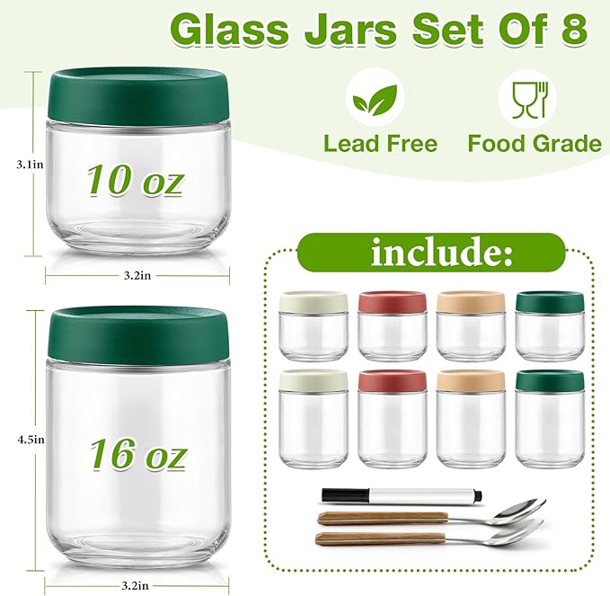 Qipecedm® 8 Pack Overnight Oats Containers with Lids, Large & Small Glass Mason Jars 16oz & 10 oz, Breakfast Oatmeal Container to Go, Salad Meal Prep Jars for Food Storage, Mush Chia Seed Pudding Jars