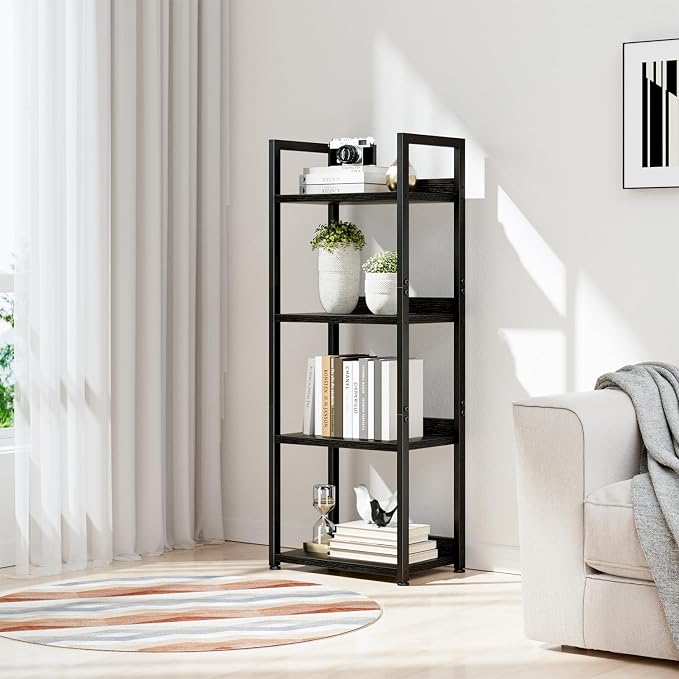 NUMENN Narrow Bookshelf, 4 Tier Freestanding Shelving Unit, Black | Small Book Shelf for Small Spaces, Metal Frame & Wood Shelves, Falling Prevention Baffle, Bookcase for Bedroom&Home Office