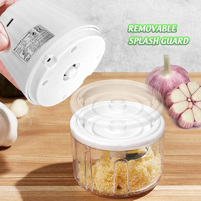 Mini Electric Garlic Chopper 300ML GLASS Food Processor Cordless | Type-C Rechargeable Mincer Chopper for Vegetables Puree, 6 Blades, BPA Free, with Scraper Splash Guard Charging Cord