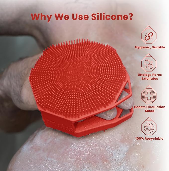 iTokGoK® Silver-Infused 2-in-1 Silicone Body Scrubber, Double-Sided Design Body Brush Silicone Body Scrubber Exfoliating Body Brushes for All Skin for Showering, Lathers Well- Red