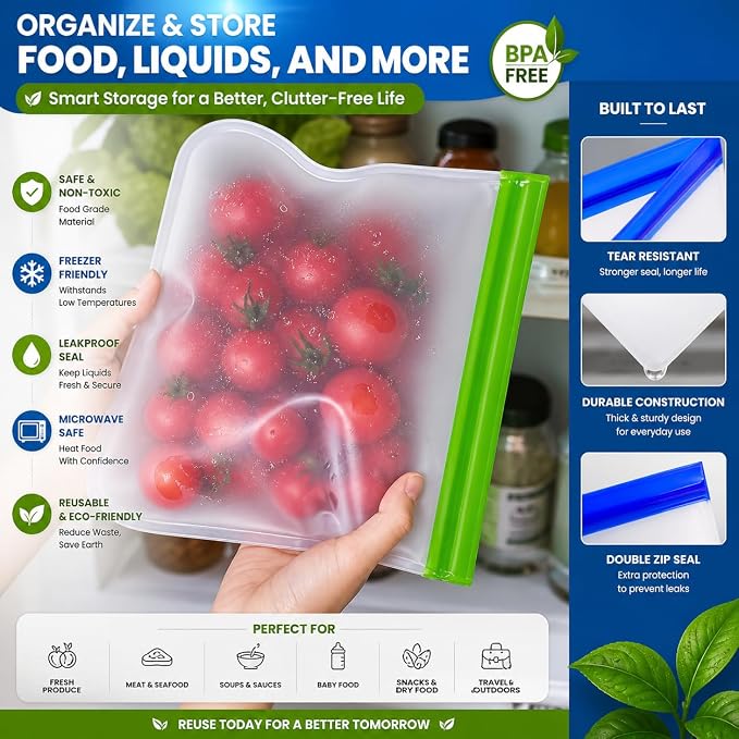 14-Pack Reusable Silicone-Style Ziplock Food Storage Bags – BPA-Free, Leakproof with 4 Snack, 6 Sandwich & 4 Gallon Sizes – Extra Thick, Freezer Safe & Eco-Friendly for Kitchen, Meal Prep & Travel