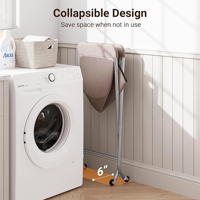 ELYKEN Laundry Basket with Wheels, Collapsible Laundry Hamper, Camel Brown | Removable Liner Bag, Foldable Design, Sturdy Metal Frame, 4 Casters, 32”H Laundry Cart for Bedroom, Bathroom & Laundry Room