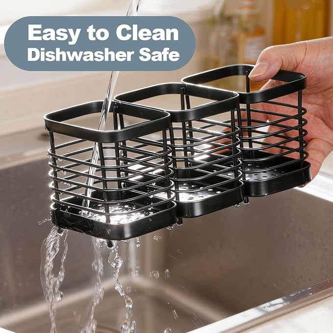 Utensil Holder, Stainless Steel Utensil Drying Rack for Kitchen Counter, Silverware Cutlery Flatware Holder Forks, Knives, Spoons, Chopsticks Organizer (Black)