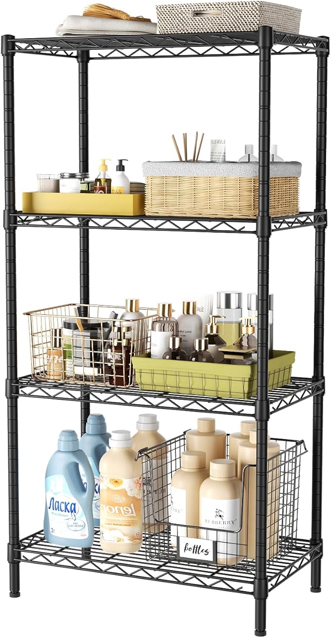 Golpart 4Tier Adjustable Storage Shelves Metal Wire Shelving Standing Shelf | Utility Heavy Duty Unit Rack Closet Organize for Home Kitchen Laundry Room Organization Pantry 12"Dx22"Wx43.5"H Black