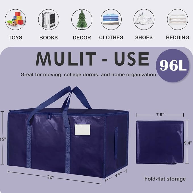 6 Pack-Extra Large Heavy Duty Moving Bags - Waterproof Storage Totes with Handles & Zippers, Foldable for College Dorm, Storage (Dark Blue)