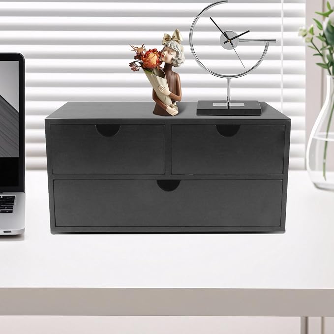 Charmewooden desk organizer with drawers countertop drawer organizer Tabletop Storage Organization Box Home Office Workspace Bathroom Toiletries Supplies (black)