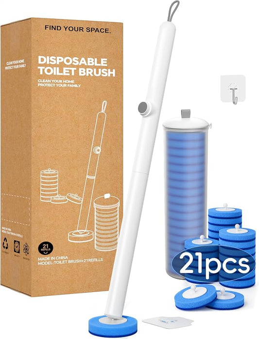 Disposable Toilet Brush Wand System, Toilet Bowl Cleaning Wand Kit with Disposable Refill Heads and Press Button Handle, for Daily Bathroom Cleaning Storage Box Set 1 Wand and 21 Refill Heads