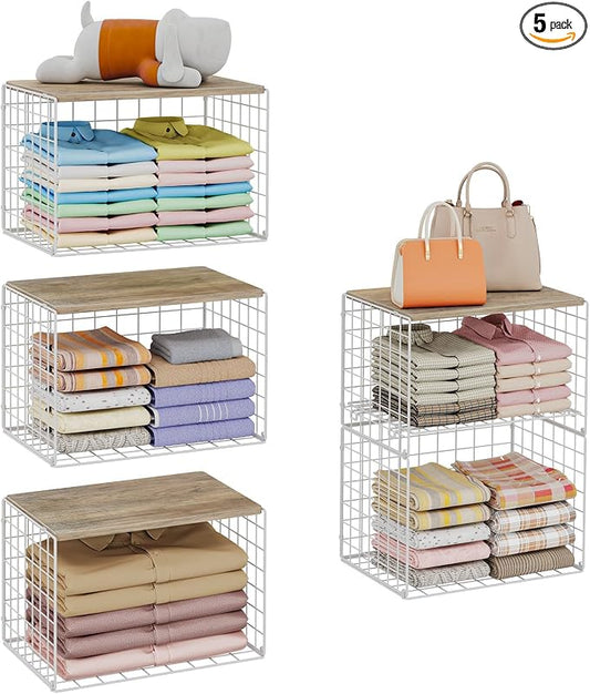 5 Pack Extra-Long Closet Organizers and Storage with Ajustable Shelf, Stackable Closet Shelf Organizer, Double Storage Design Clothes Storage Cube/Bin Organizer for Wardrobe, Space-Saving, White