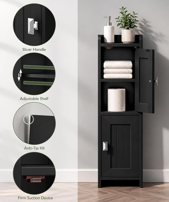 Akxomel Small Bathroom Cabinet Narrow Toilet Paper Organizer Black | 7.9''D x 7.9''W Bathroom Organizer and Storage Cabinet for Small Space, Slim Corner Unit with Adjustable Shelf