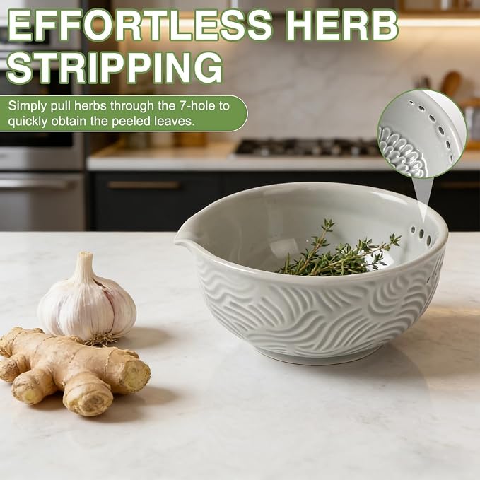 Ceramic Grater Bowl with Herb Stripper, 3 in 1 Handmade Ginger Grater Bowl, Garlic Grater Plate, Multi-Functional Kitchen Tools and Gadgets, for Garlic, Chocolate, Herbs, Etc