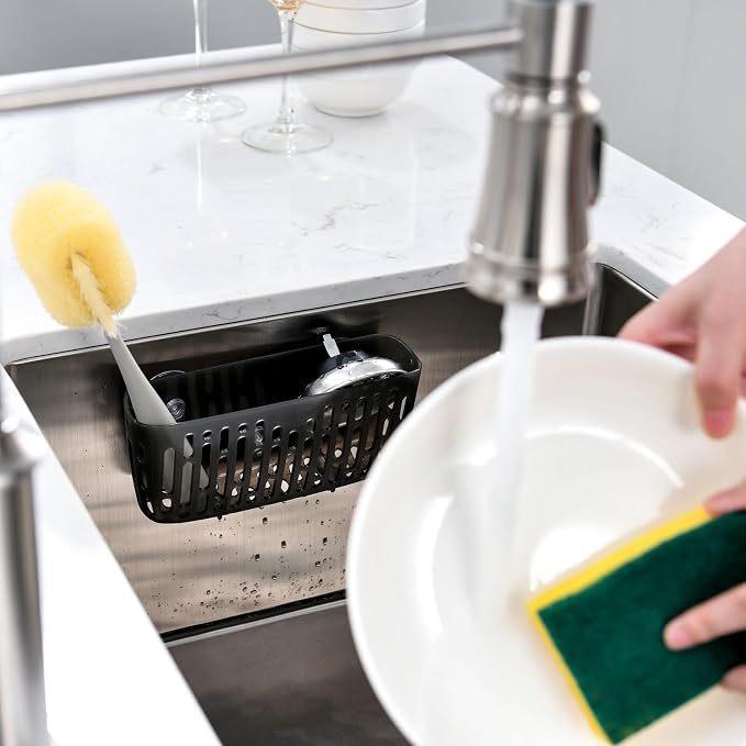 simpletome Sink Caddy Basket, Sinkware Organizer, 3X Strong Suction Cups Or Countertop (Translucent Grey) | include 3 suction cups and 1 adhesive backing | make kitchen sink tidy | kitchen essentials | can be placed upright counter