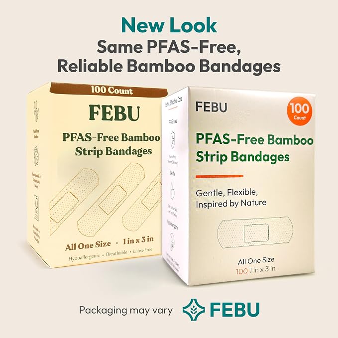 FEBU PFAS Free Bamboo Fabric Bandages, 1in x 3in, 100 Count Pack | Flexible Fabric, Latex Free, Natural Hypoallergenic, For Scrapes, Cuts & First Aid