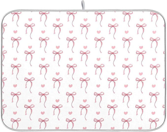 Pink Ribbon Bow Dish Drying Mat Quick Absorbent 16x18 Cute Bow Tie White Kitchen Drying Mat for Countertop Sink Reusable Dishes Mats Kitchen Essentials