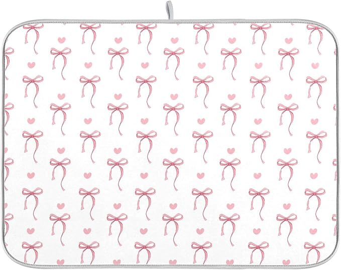 Pink Ribbon Bow Dish Drying Mat Quick Absorbent 18x24 Cute Bow Tie White Kitchen Drying Mat for Countertop Sink Reusable Dishes Mats Kitchen Essentials