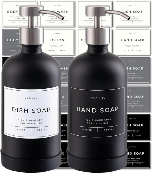 Hand and Dish Soap Dispenser for Kitchen and Bathroom, Set of 2 16 Oz Glass Bottles, Stainless Steel Pumps, Non-Slip Silicone Base, 27 Waterproof Labels (Matte Black Bottle/Brushed Silver Pump)